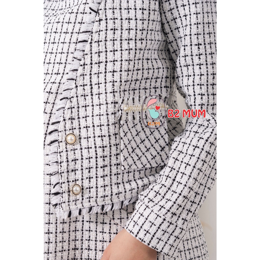 Set Váy bầu chất dạ mềm mại thoải mái họa tiết text kẻ sang trọng dành cho các mẹ bầu mặc đi tiệc, dạo phố B2 MUM