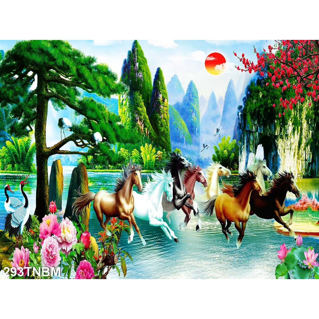 TRANH DÁN TƯỜNG 3D MÃ ĐÁO THÀNH CÔNG 293bm - TRANH BÁT MÃ SƠN THUỶ HỮU TÌNH - YAN SHOP