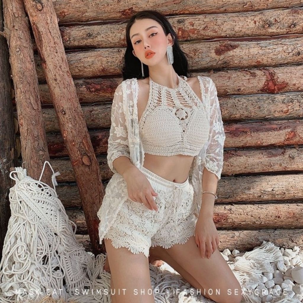 Bikini đồ bơi nữ 2 mảnh kèm áo choàng len móc kín đáo cao cấp đi biển LYAN BIKINI B24
