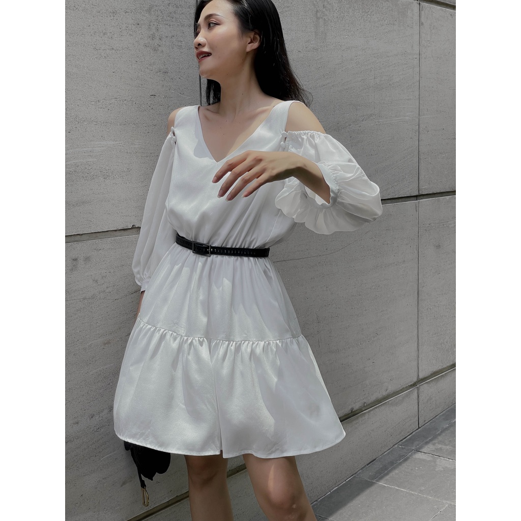 Đầm trắng CHARLENE 2-WAY DRESS mặc 2 kiểu tay có thể tháo rời, Đầm trắng tiểu thư sang trọng