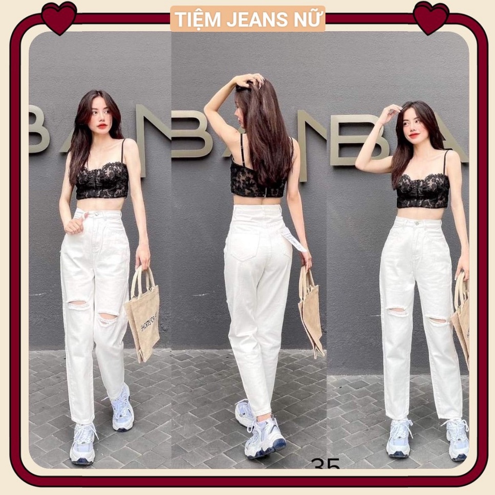 Quần baggy trắng rách gối chất kaki jean - quần bò rách nữ