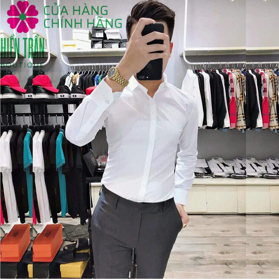 Áo sơ mi nam giấu cúc Hiền Trần BOUTIQUE vải chống nhăn, phong cách Hàn Quốc