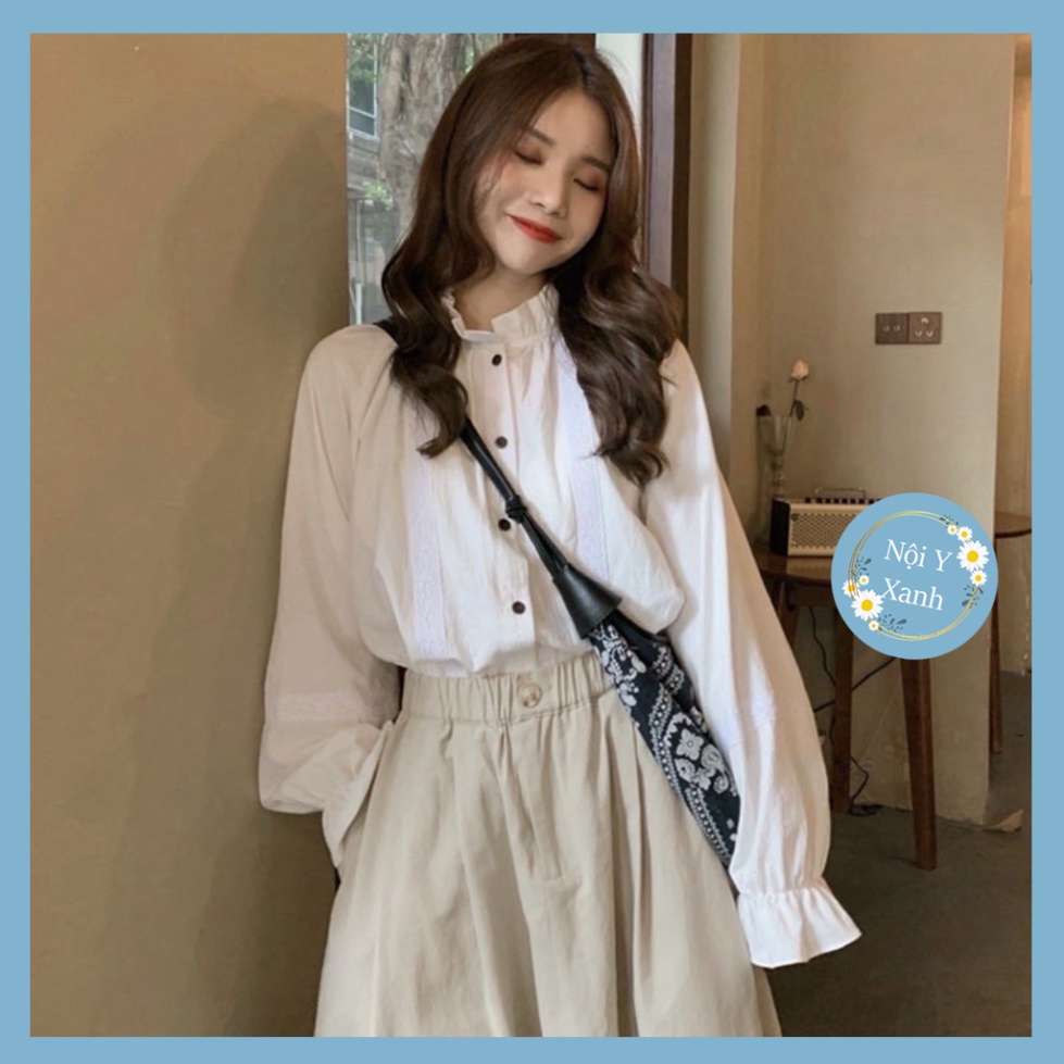 Áo sơ mi trắng nữ tay phồng phối ren_A481 nội y xanh chất đẹp giá tốt