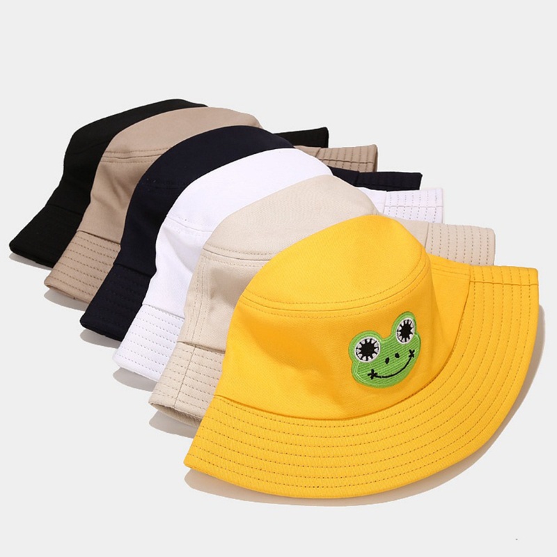 Han Nón Bucket Rộng Vành Cotton Nhãn Dán Ếch Hoạt Hình Có Thể Gập Lại C