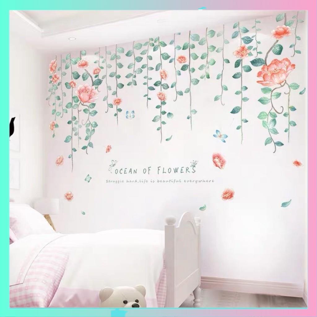 Decal dán tường dây hoa leo hồng, Tranh dán tường dây hoa leo hồng, trang trí phòng ngủ, phòng khách
