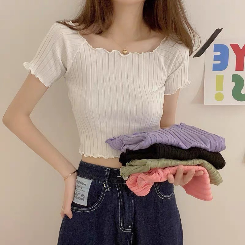 Áo dệt kim Croptop Kiểu Dệt Kim Ngắn Tay Ulzzang Sexy Phong Cách Hàn Quốc Xiaozhainv vn T2E3