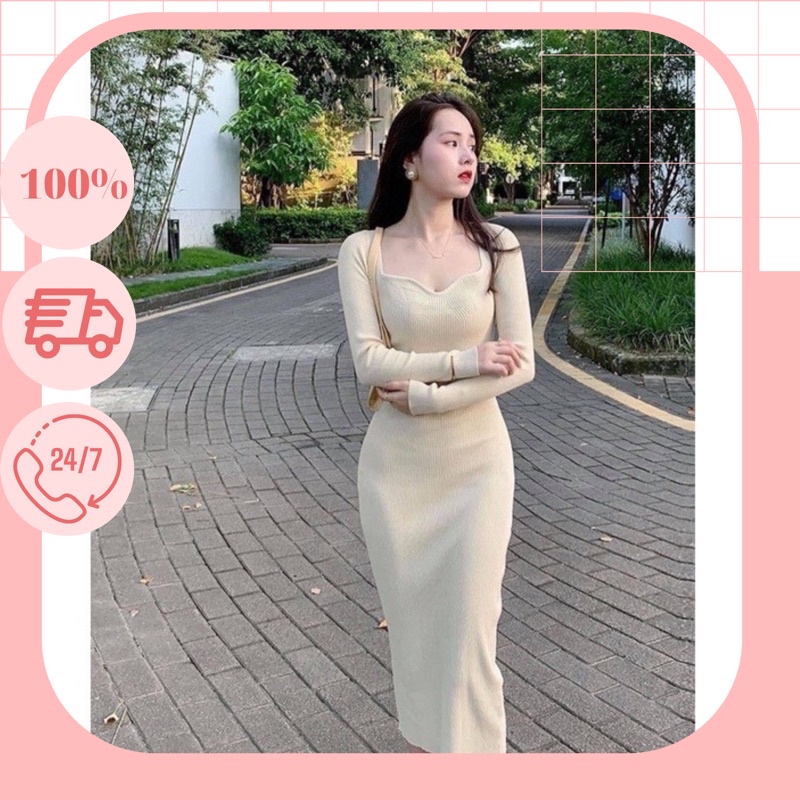 Váy Len Body Cổ vuông Mẫu Mới 2021 Nữ Hàng Quảng Châu loại đẹp