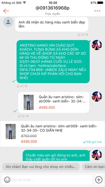 Quần âu nam ARISTINO co giãn nhẹ - slim-atr009s7- xanh biển còn 35