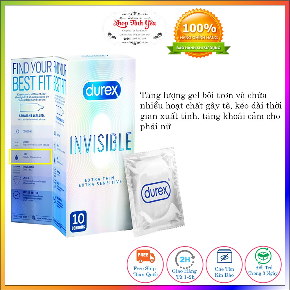 [Free Ship - Hàng Loại A] bao cao su invisible,hàng durex chính hãng, chống xuất tinh sớm, combo 2 hộp