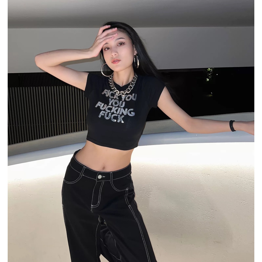 Áo thun MMIOT ngắn tay in họa tiết chữ đính kim sa thời trang cá tính