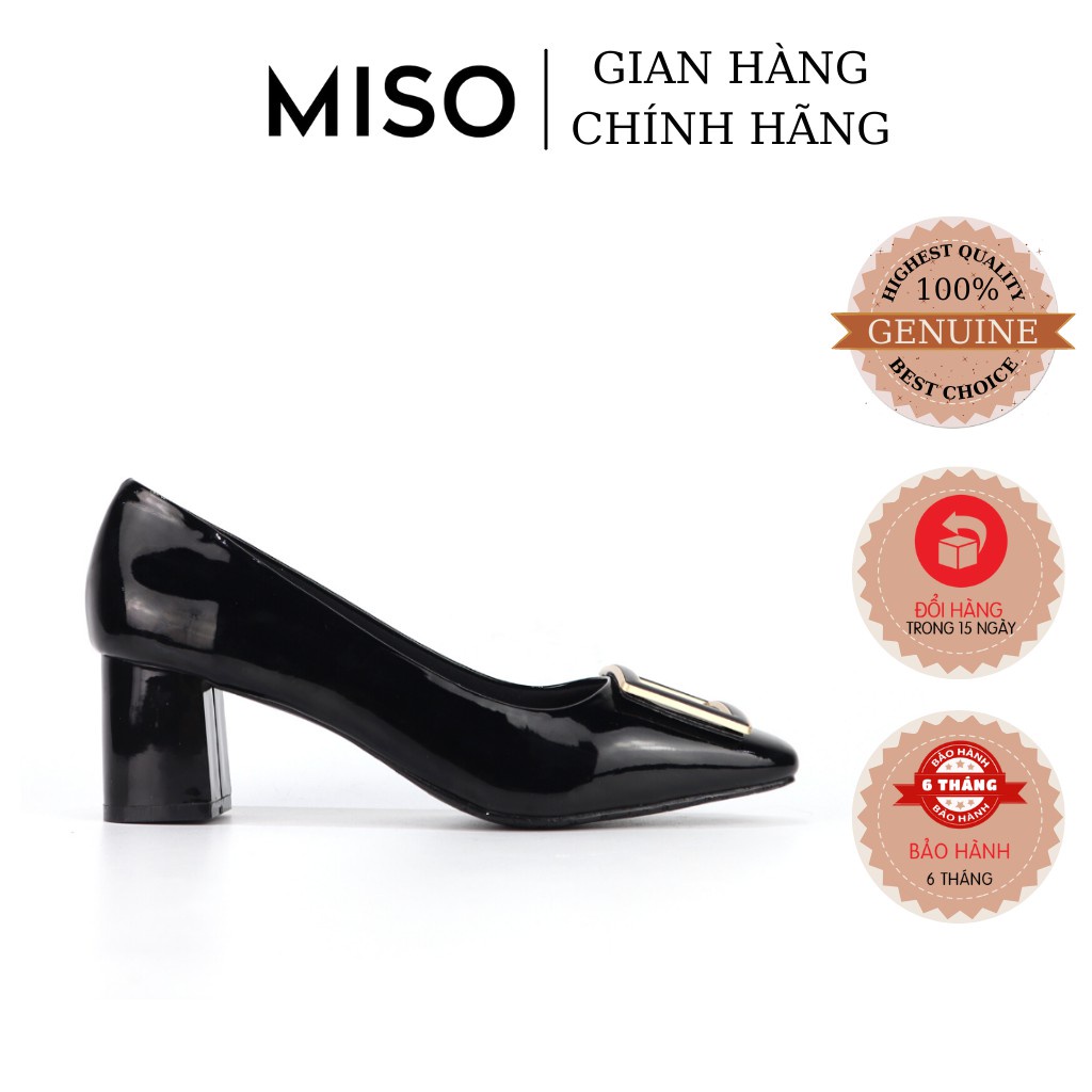 New Giày cao gót công sở nữ basic da bóng mũi vuông trendy gót trụ phối khoá 7cm MISO M014