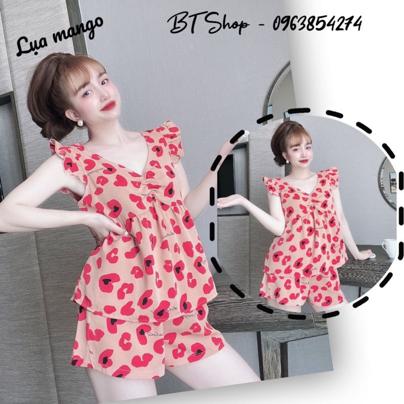 Đồ ngủ lụa mango tay cánh tiên quần đùi hoạ tiết freesize 42-57kg