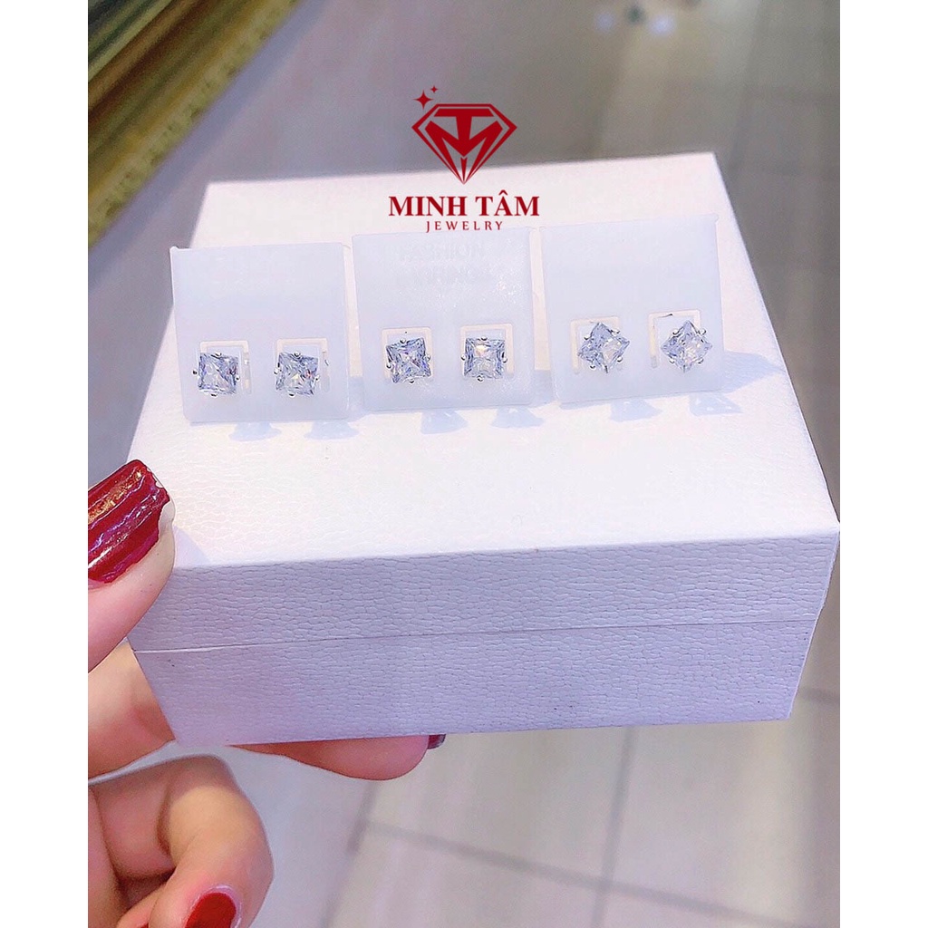Bông tai nụ đá vuông bạc ta,Khuyên tai nữ nụ đá vuông bạc ta-Minh Tâm Jewelry
