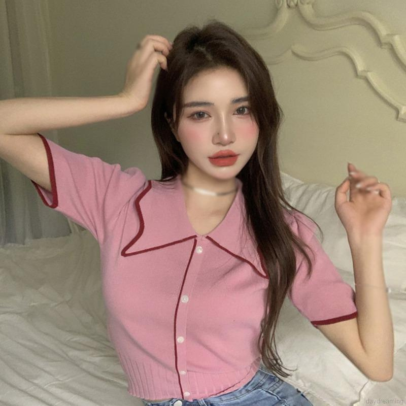 Áo Croptop Dệt Kim Tay Ngắn Thiết Kế Thanh Lịch Cho Phái Nữ
