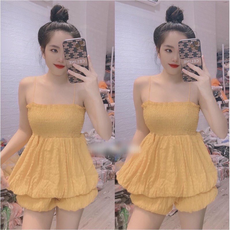 sét bộ đùi xốp phồng bí phối áo kiểu nhúm 2 dây bún hot