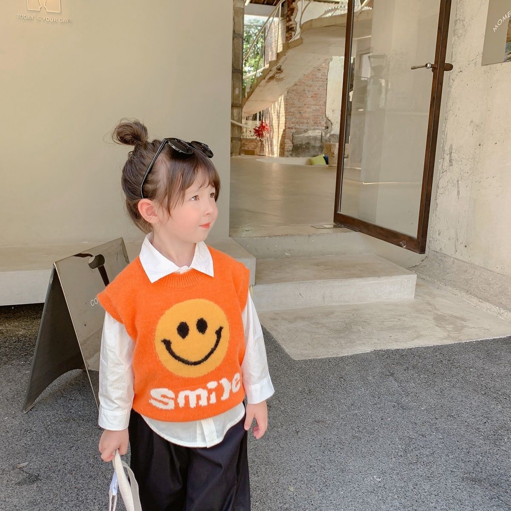 Áo Sweater Không Tay Hình Mặt Cười Dễ Thương Cho Bé Gái