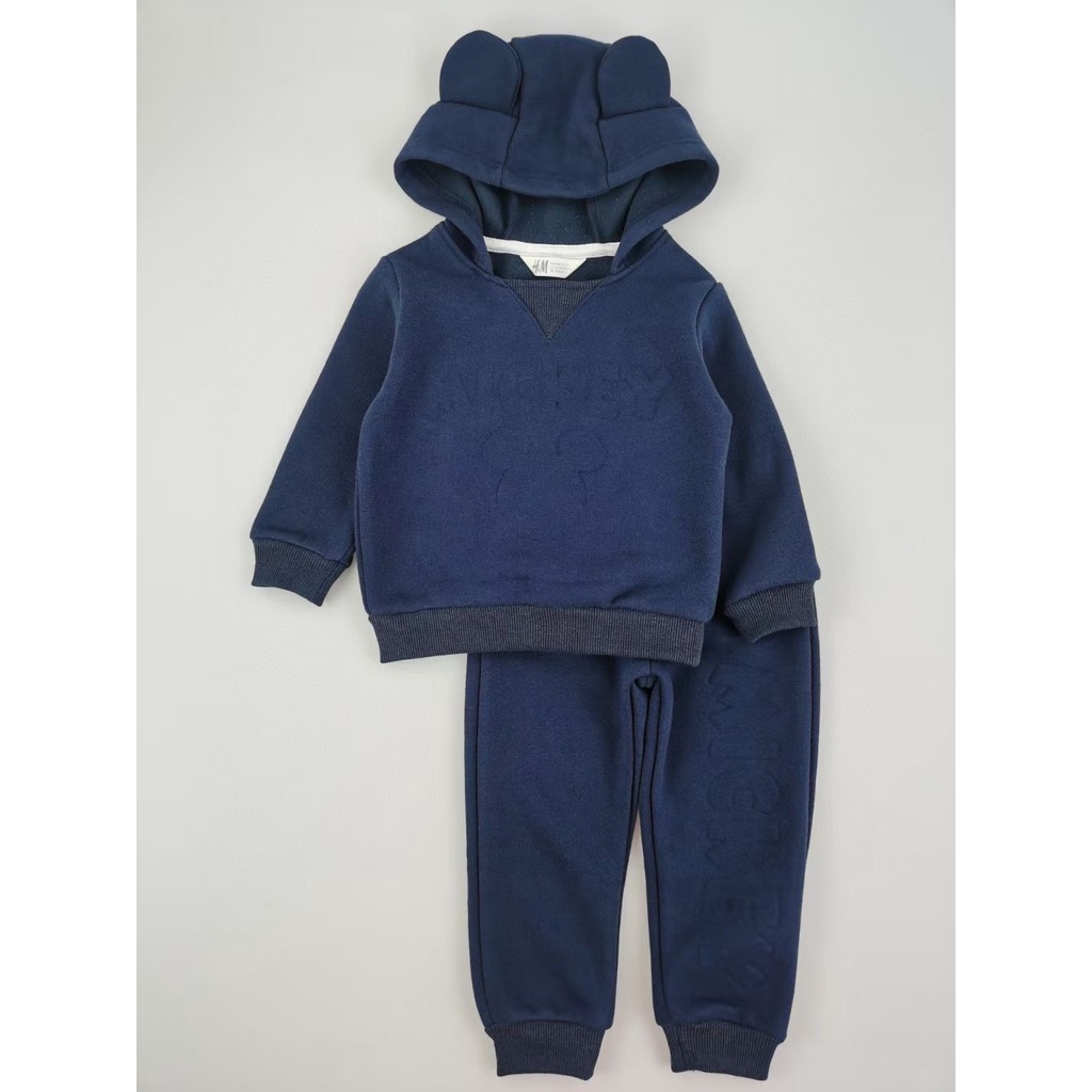 Bộ nỉ bông hodie tai gấu màu navy cho bé BHM004