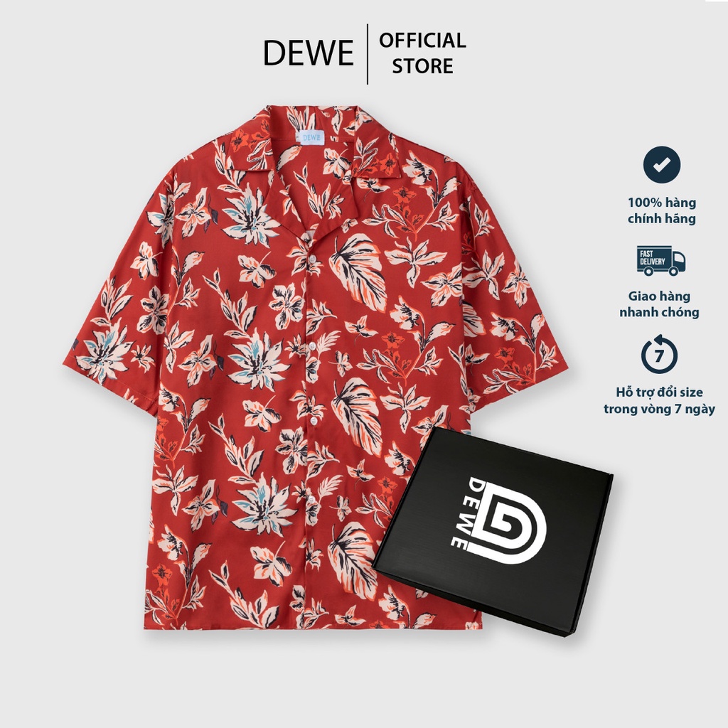 Áo sơ mi nam ngắn tay DEWE, vải lụa nhập khẩu chống nhăn thoáng mát, họa tiết Lá Đỏ - DEWE Cuban Shirt