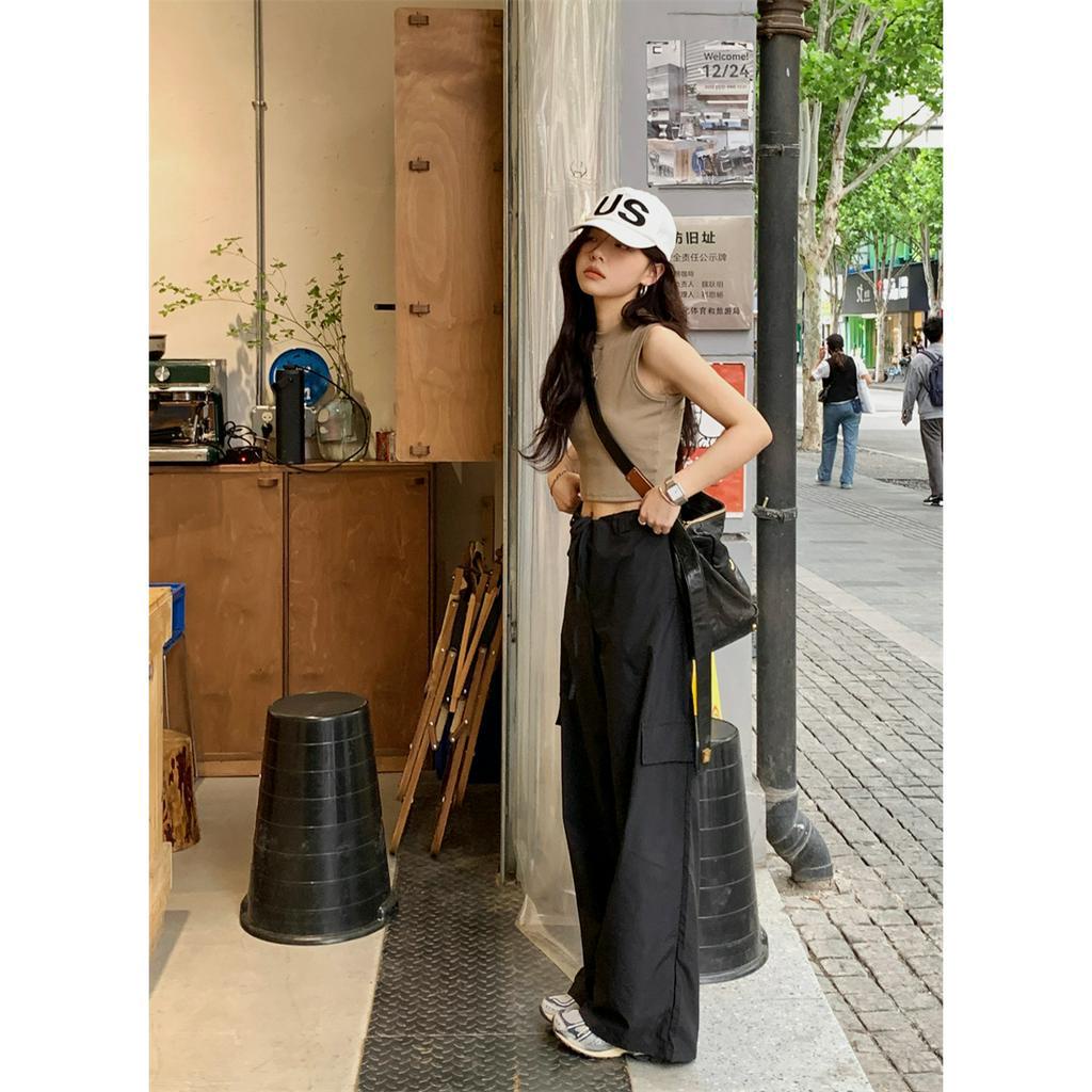 Xiaozhainv Bộ Áo Tank Top Không Tay + Quần Ống Rộng Lưng Cao Thời Trang Mùa Hè Cho Nữ