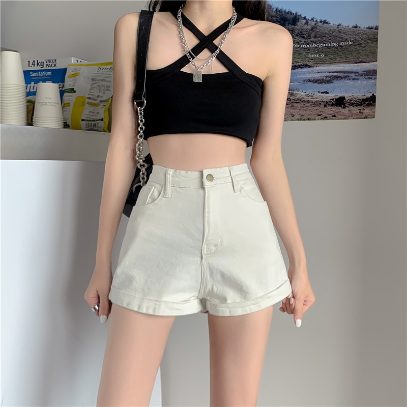 Quần Short Skinny Jean Lưng Cao Màu Sắc Trơn Siêu Co Dãn