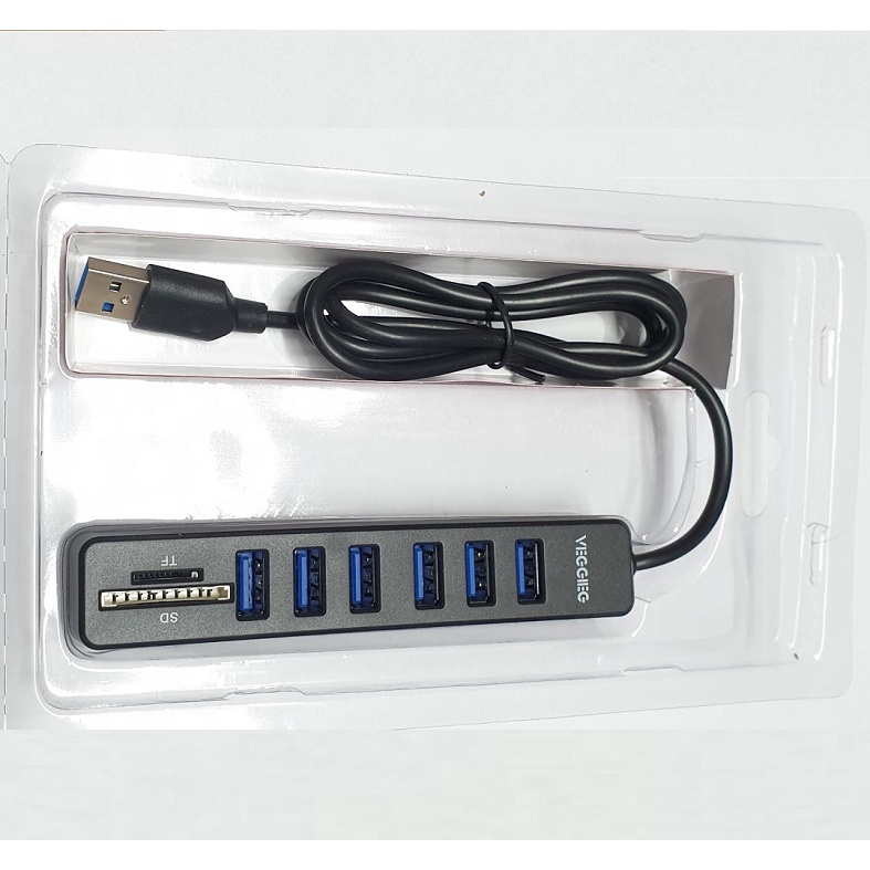 Hub VEGGIEG 8 in 1 Chia 6 Cổng Usb 2.0 Tích Hợp Đầu Đọc Thẻ Nhớ SD / TF