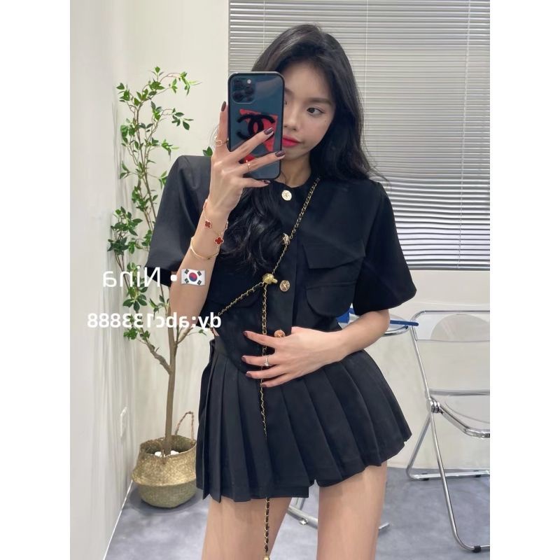 Hot!F &amp; X Set Áo Sơ Mi Phối Chân Váy Xếp Ly Eo Cao Thời Trang Mùa Hè Phong Cách Hàn Quốc Dành Cho Nữ