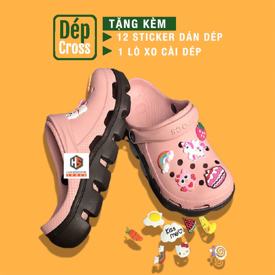Dép Cross khủng long busy unisex hồng đế răng cưa full hồng đế  nâu tặng kèm 12 sticker gắn dép cross