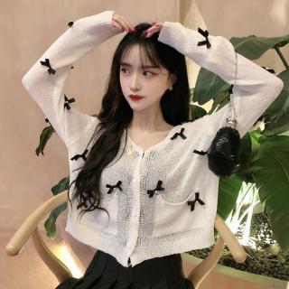 Women Small Knitted Bow Decoration Long-sleeved Slim Sunscreen Jacket Ladies Breathable Sweet Cardigan