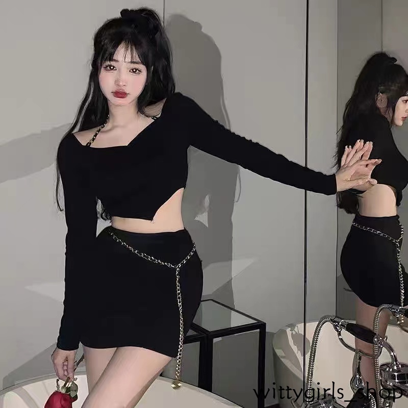 Wittygirls_ Shop | Áo Thun Tay Dài Phối Dây Xích Thời Trang Mùa Xuân Quyến Rũ Cho Nữ