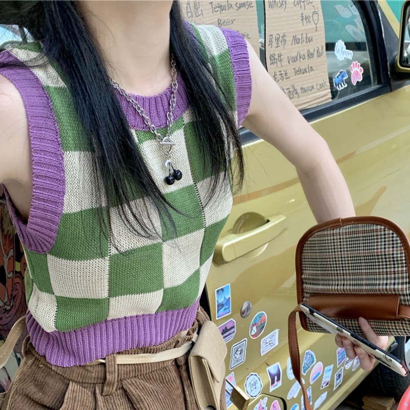 LEEVA -  Áo croptop len mỏng dáng gile phối họa tiết caro phong cách Retro A236