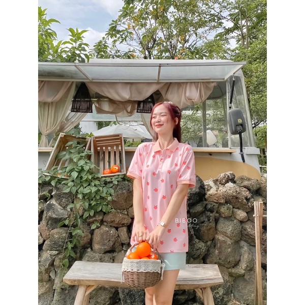 BIBOO - Áo polo họa tiết có cổ tay ngắn form unisex nam nữ TRÁI ĐÀO - PEACHES chất liệu dày dặn, không nhăn