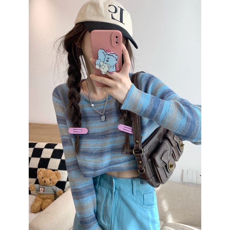 Jiashucheng Áo Thun Dệt Kim Dáng Rộng Eo Cao Kẻ Sọc Màu Gradient Kiểu Mỹ Xinh Xắn Cho Bạn Gái