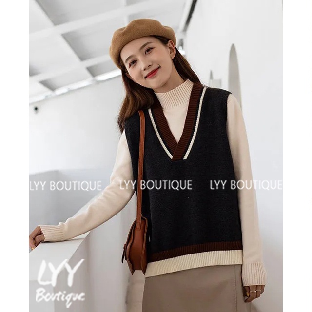 Áo gile len nữ cổ V trơn dệt kim viền kẻ chất đẹp phong cách Hàn Quốc LYY BOUTIQUE | BigBuy360 - bigbuy360.vn