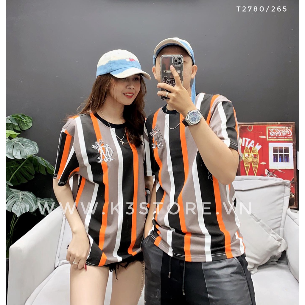 Áo thun cặp tay ngắn cổ tròn nam nữ, thun đôi sọc dọc nâu cam đen trắng thêu logo . K3 STORE ĐỒ ĐÔI T2780