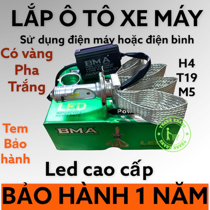 Đèn pha led 4 tim BMA-DPL-L2 H4,M5 Cos vàng đậm pha trắng chính hãng siêu sáng bảo hành 1 năm gắn pha xe máy Thanh Khang