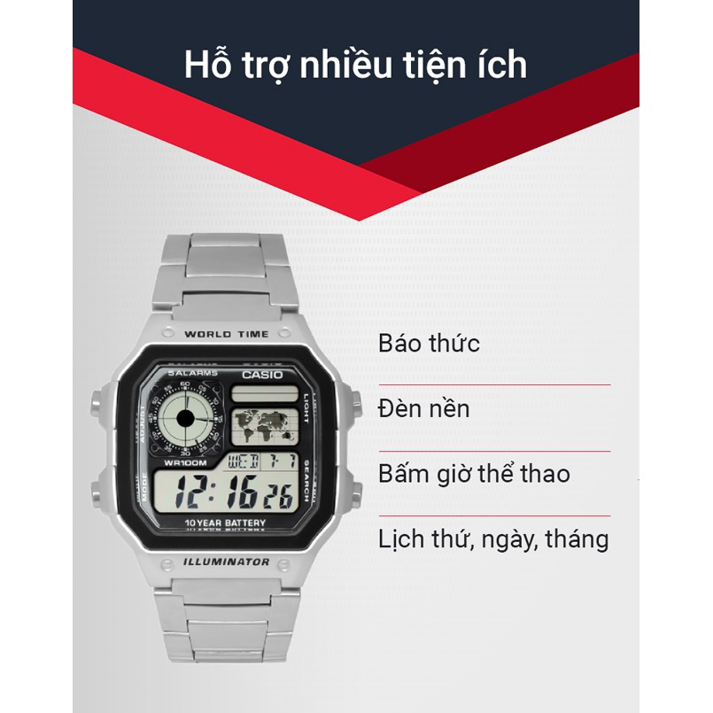 Đồng hồ nam casio AE-1200WH-1AVDF, đồng hồ casio chính hãng dây kim loại AE-1200WHD-1AVDF quoctri545