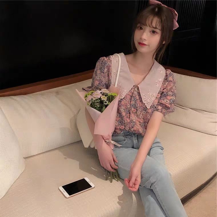 Áo sơ mi nữ cổ búp bê tay phồng phong cách tiểu thư, áo ngắn tay kiểu Pháp đẹp và ngọt ngào, cổ tích - Kemi