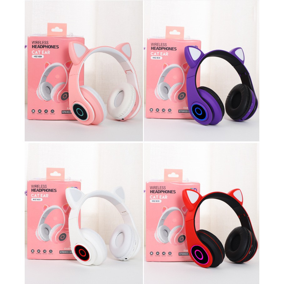 Tai Nghe Headphone Bluetooth V5.0 HWZ-B39 Kiểu Dáng Tai Mèo Có Đèn Led Hỗ Trợ Nghe Qua Dây Cắm AUX