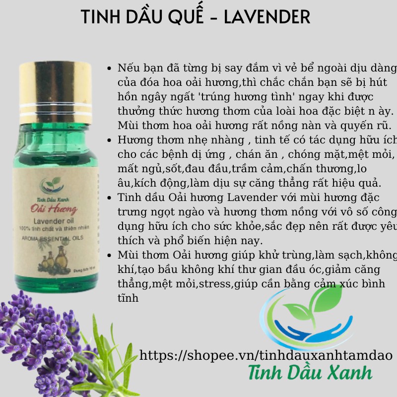 Tinh Dầu Oải Hương Oraganic Tinh Dầu Xanh Thiên Nhiên Nguyên Chất Dùng Xông Phòng,Khử Mùi Dung Tích 10ML