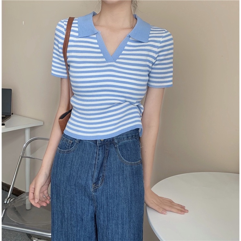 Áo len polo cổ bẻ V kẻ ngang | BigBuy360 - bigbuy360.vn