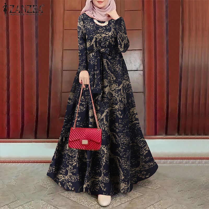 Đầm maxi IELGY tay dài cổ tròn đính nơ thắt lưng phong cách hồi giáo thời trang cho nữ