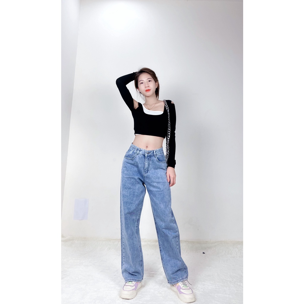 Quần jeans nữ dài ống rộng có túi trẻ trung 4YOUNG QJ1