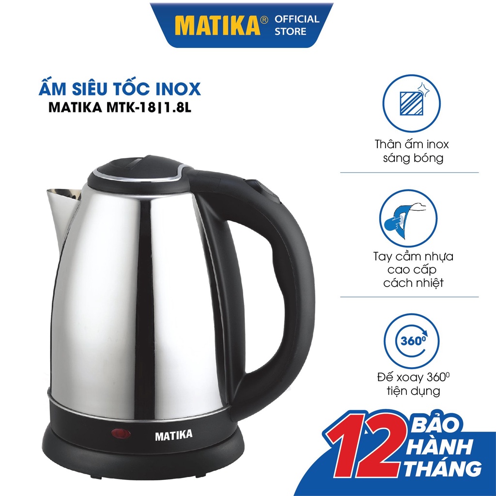 [Mã BMBAU50 giảm 10% đơn 99k] Ấm Siêu Tốc MATIKA Inox 1.8L MTK18