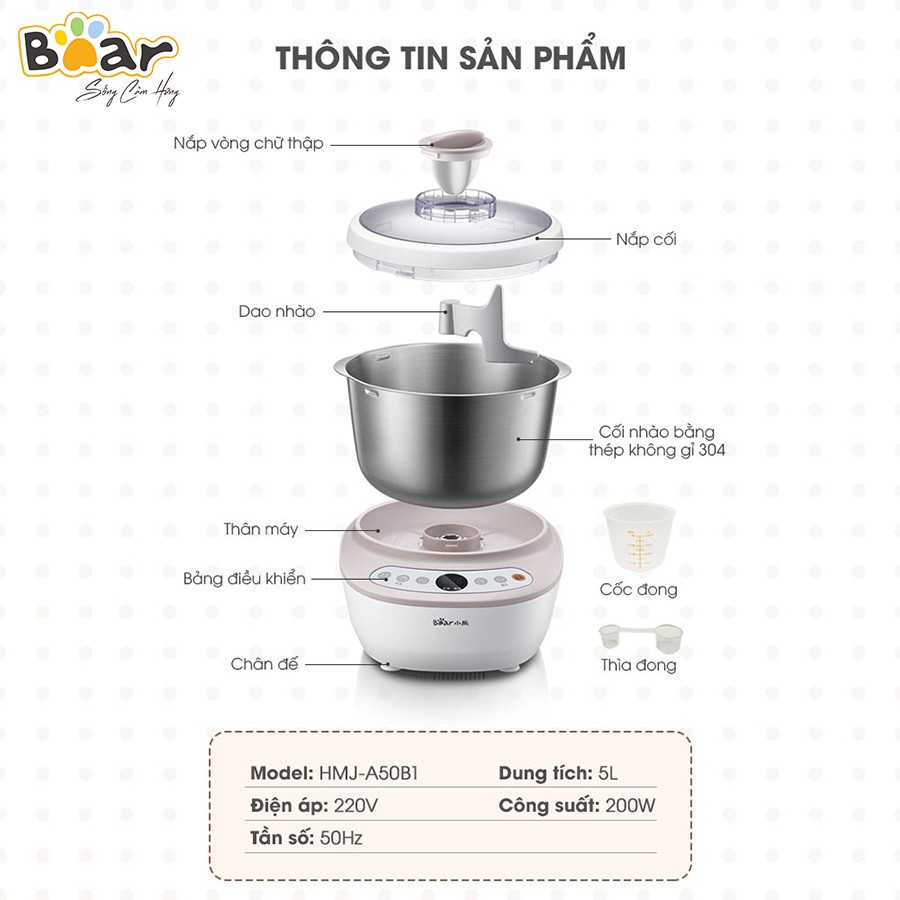 Máy nhào bột tự động - 5L - HMJ-A50B1 - Bản Tiếng Trung - Hàng chính hãng, Bảo hành 12 tháng