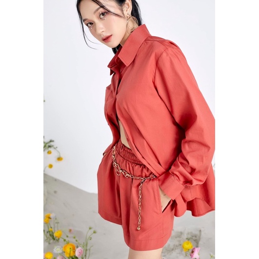 LALLA - Set basic gồm áo sơ mi và quần short lưng chun oversize nữ