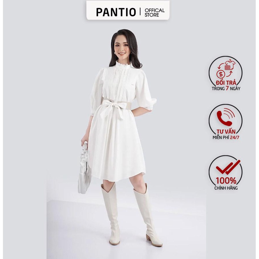 FDC72819 - Đầm công sở chất liệu thô đũi dáng suông cổ cao phối ren - PANTIO