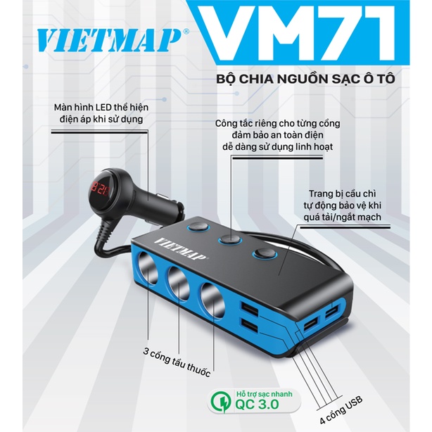 Bộ Chia VM71 QC 3.0 - 3 tẩu - 4 USB VietMap