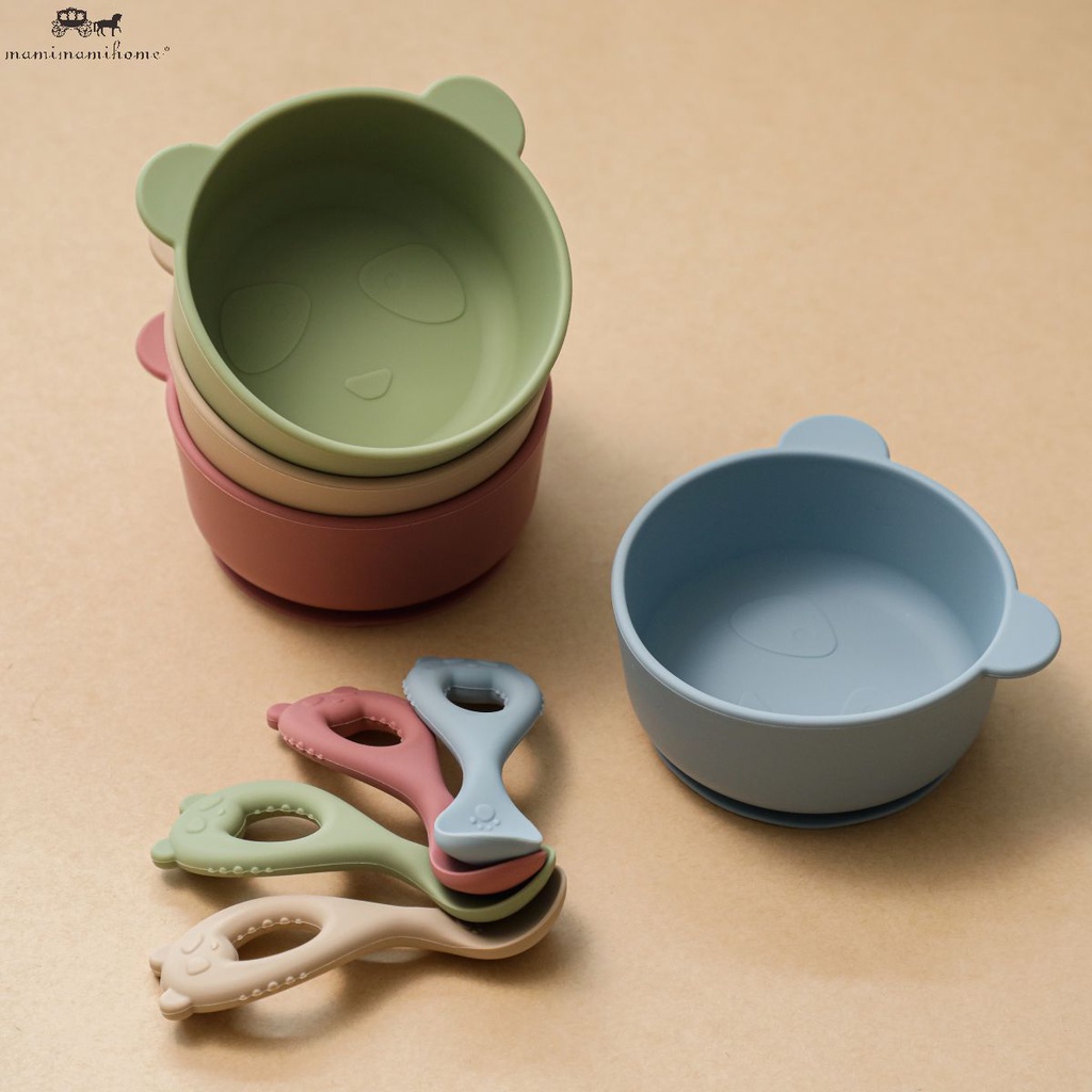 1Set  bộ đồ ăn MAMIMAMIHOME gồm muỗng và bát giữ nhiệt hình gấu trúc không chứa BPA cho trẻ em