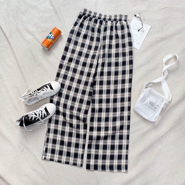 Quần ống rộng lưng cao unisex GURI quần caro ống rộng Tặng quà ngẫu nhiên QCR01