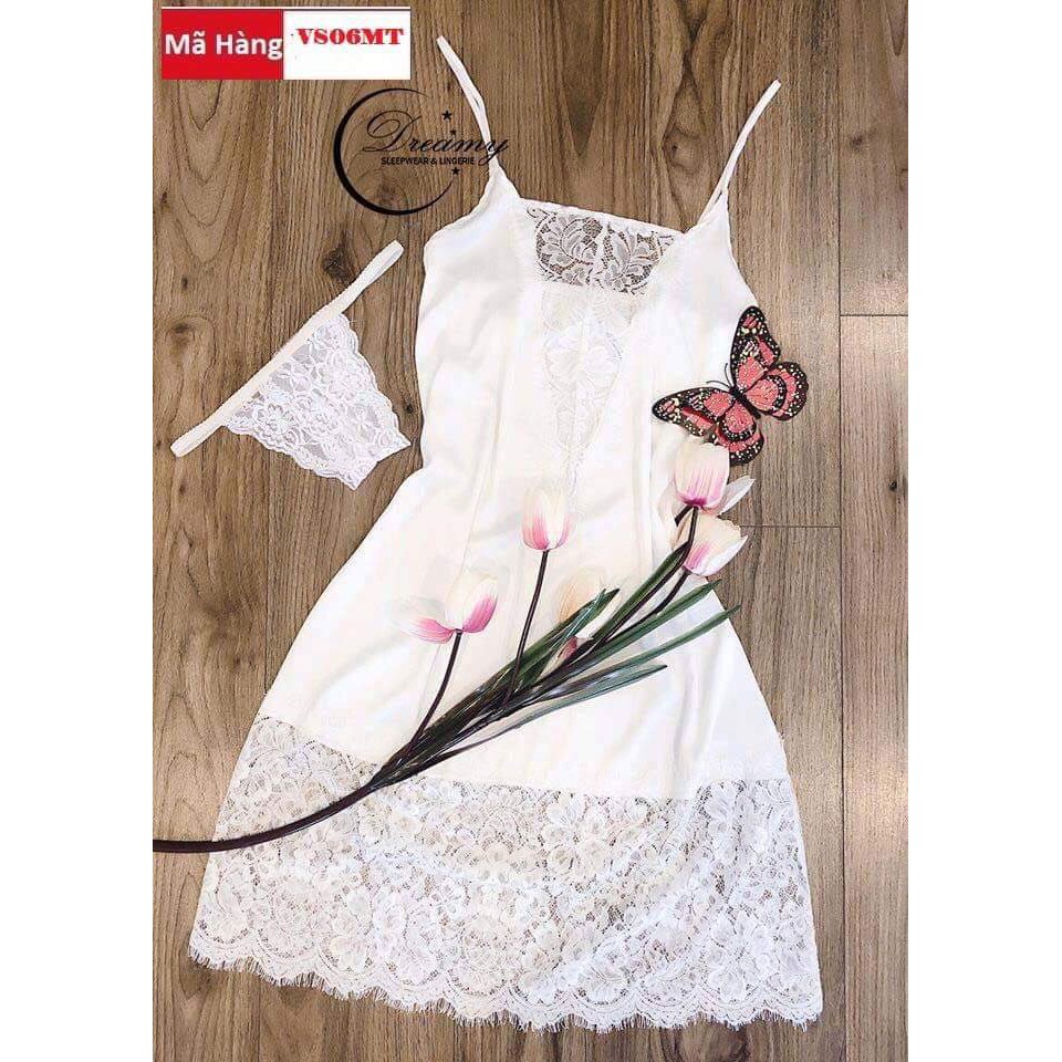 Dreamy VS08 Váy ngủ lụa cao cấp hai dây phối ren dáng suông gợi cảm màu đen trắng đỏ | BigBuy360 - bigbuy360.vn